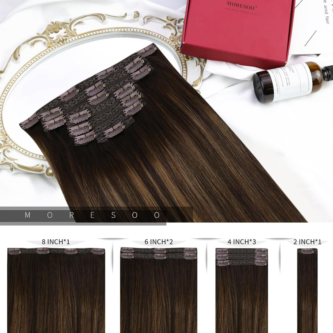 Moresoo Clip in Extensions Echthaar Balayage Braun Haarverlängerung Echthaar Clip Extensions Echthaa