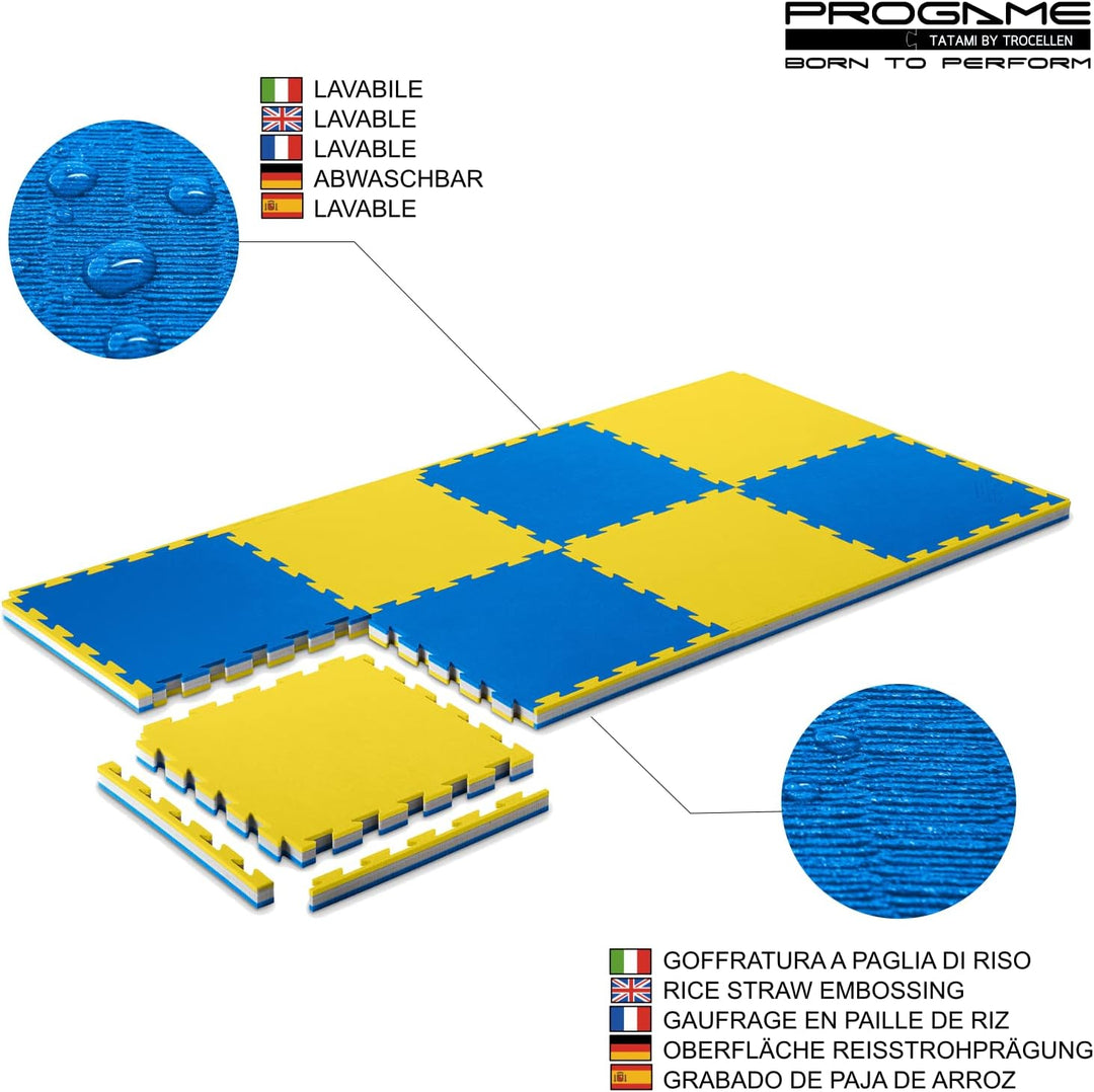ProGame Kit 8 Stück Tatami Matte 4 cm PERFORMANCE-HOME 50x50 cm Judomatte Gelb/Blau, Gelb/Blau