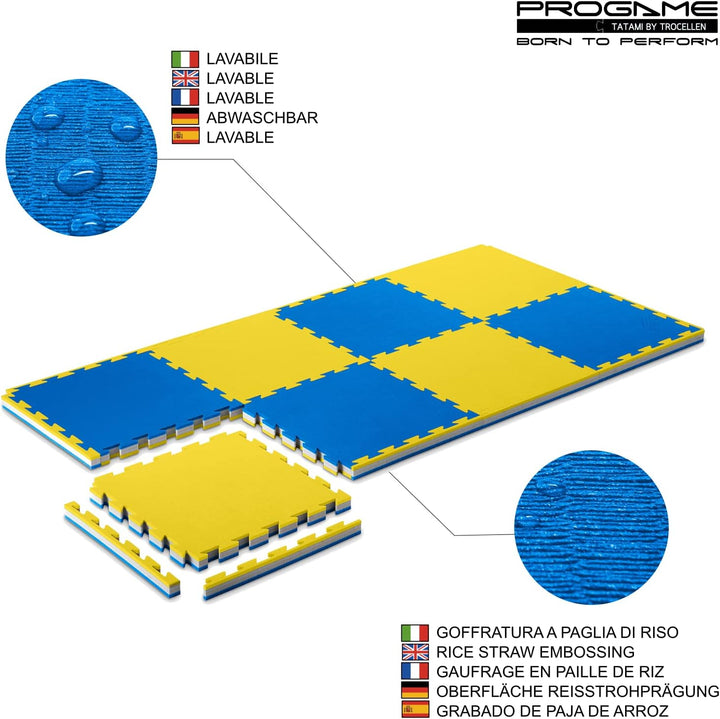 ProGame Kit 8 Stück Tatami Matte 4 cm PERFORMANCE-HOME 50x50 cm Judomatte Gelb/Blau, Gelb/Blau