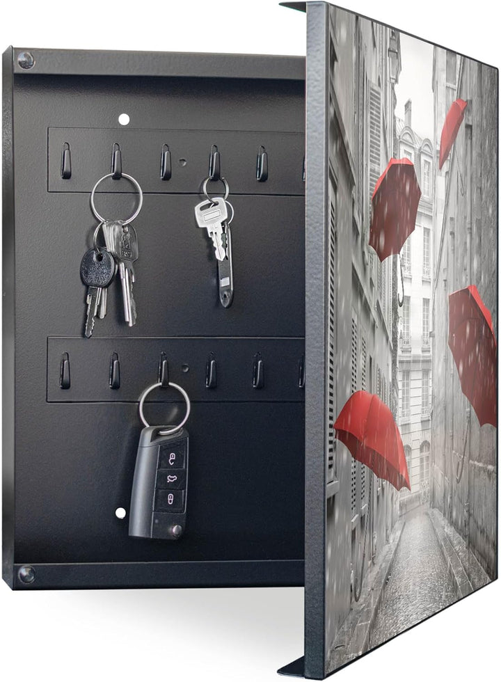 banjado® Grosser Schlüsselkasten Glas/Schlüsselbox 30cm x 30cm mit 50 Haken - Motiv Rote Schirme/Sch