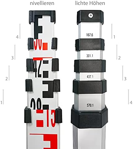 Teleskop-Nivellierlatte 7 m (lichte Höhen) – E-Teilung & mm-Teilung, mit Dosenlibelle & Nylontasche