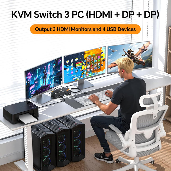 KVM Switch 3 PC 3 Monitore 8K@60Hz / 4K@144Hz, Displayport 1.4 HDMI 2.1 USB 3.0 KVM Switch Triple Mo