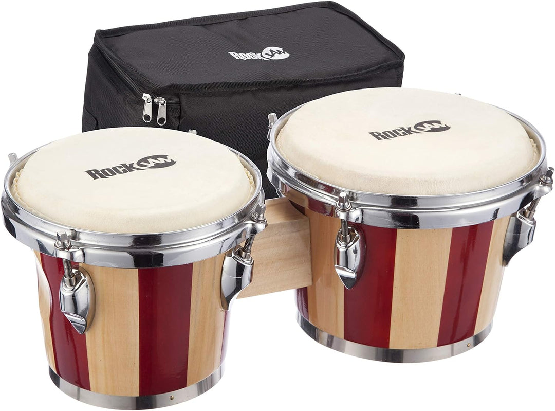 RockJam RJ-100301 7" and 8" Bongo Set with Padded Bag and Tuning Wrench Red and Natural Stripe Red S