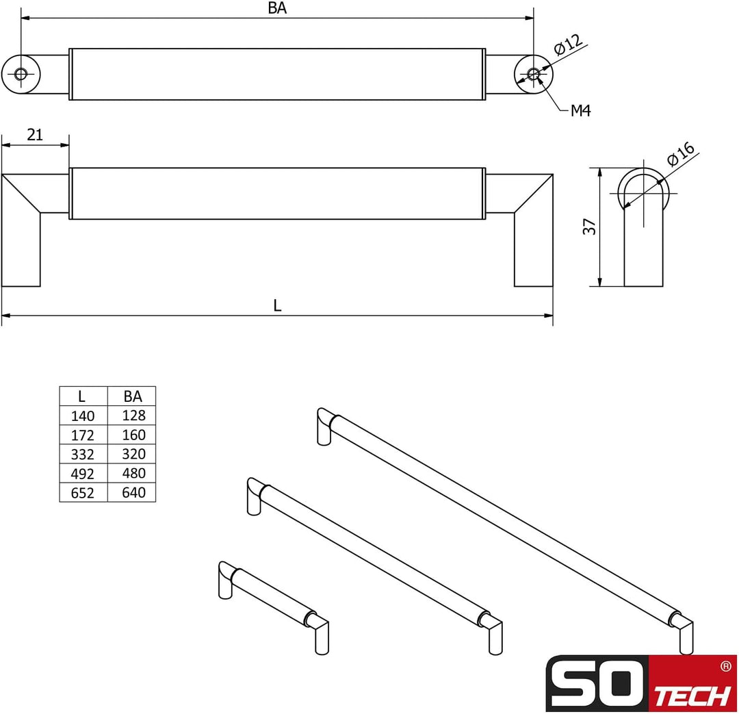 10 x SO-TECH® Möbelgriff Schrankgriff E9 echt Edelstahl BA 128 mm/Ø 16 mm mit verchromten Sockeln/De
