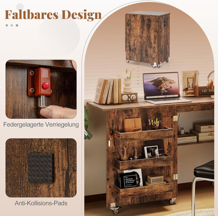 COSTWAY 2 in 1 Nähtisch klappbar mit Ladestation, Nähmaschinenschrank aus Holz mit Regalen, Nähschra