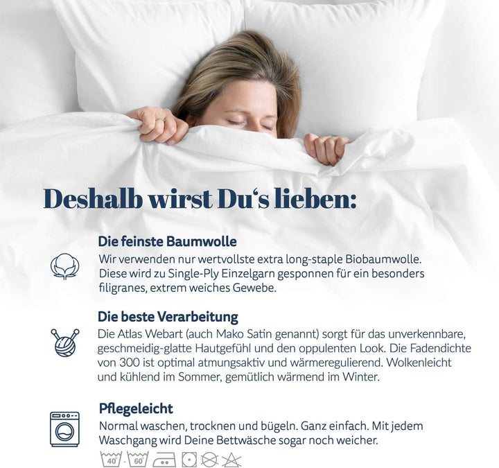 bo&button® Kissenbezug 40x80 cm, einzeln, Mako Satin Bio Baumwolle - echte Luxusqualität, Weiss, 40
