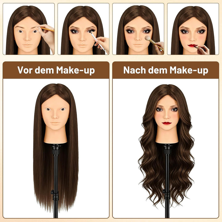 TwoWin Friseurkopf mit Haaren, 26 Zoll (66 cm) 80% Echthaar Mannequin Kopf, Make-up Übungskopf, Trai