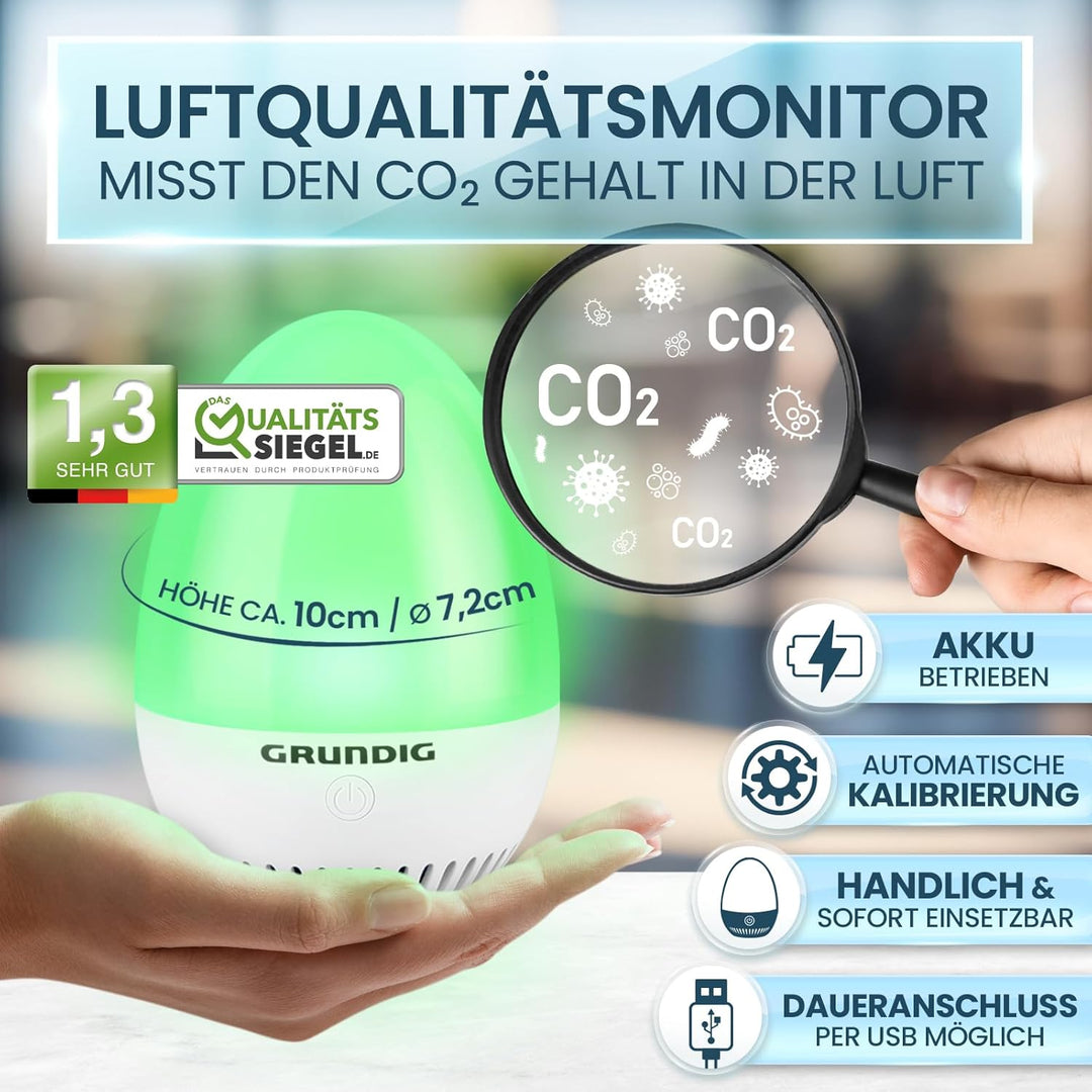 GRUNDIG CO2 Messgerät Ampel - Kalibrierungsautomatik, Akku Betrieb, Signal für Stosslüften - mobiles