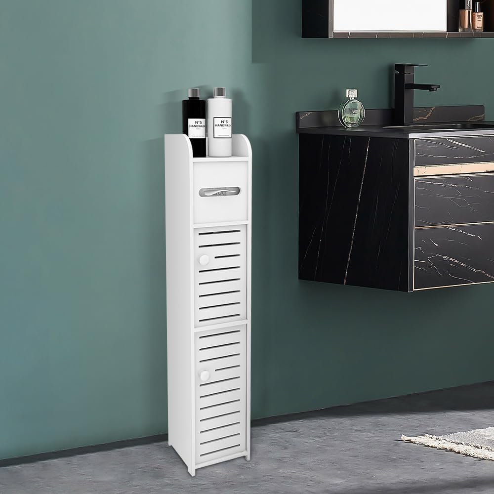 17x15x78cm Doppeltür PP Badezimmerschrank Weiss – Schmaler WC Schrank mit Toilettenpapierhalter, Pla
