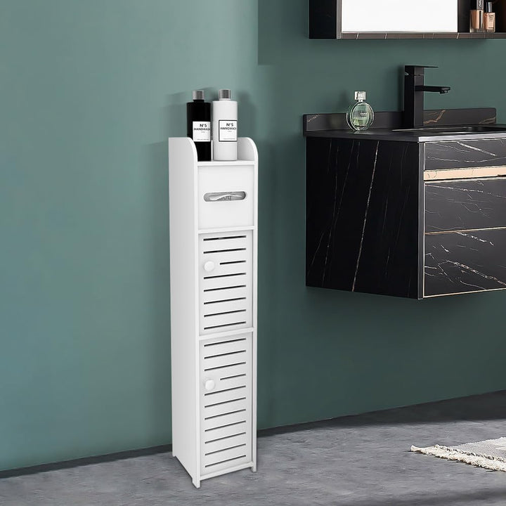 17x15x78cm Doppeltür PP Badezimmerschrank Weiss – Schmaler WC Schrank mit Toilettenpapierhalter, Pla