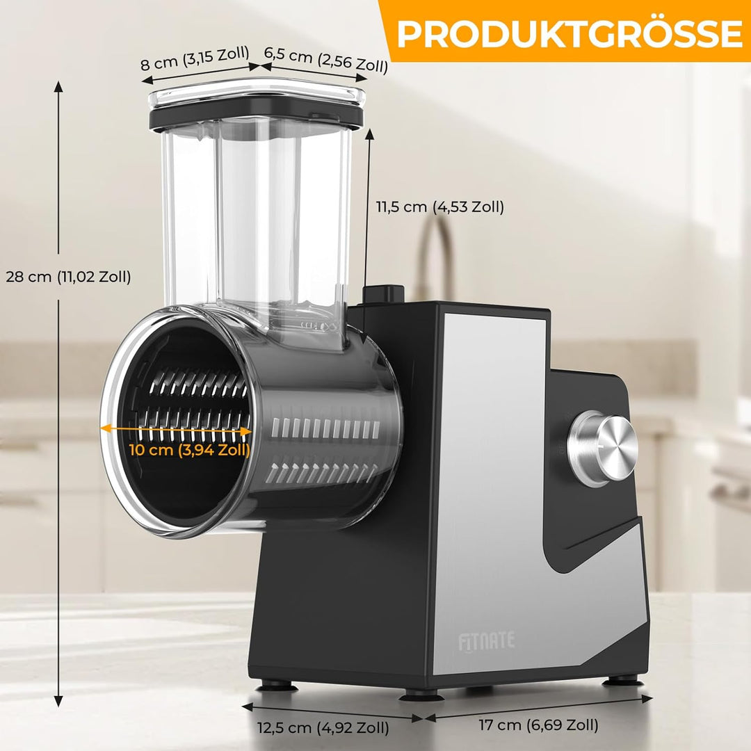 FITNATE Gemüseschneider Elektrisch, Elektrische Käsereibe, Käsereibe, Reibe für Gemüse mit 5 Einsätz