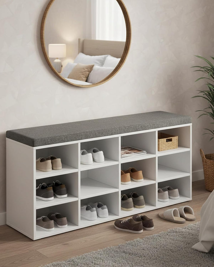 VASAGLE Schuhbank, Schuhregal mit Sitzfläche, Sitzbank mit Stauraum, Kissen, 12 Fächer, verstellbare
