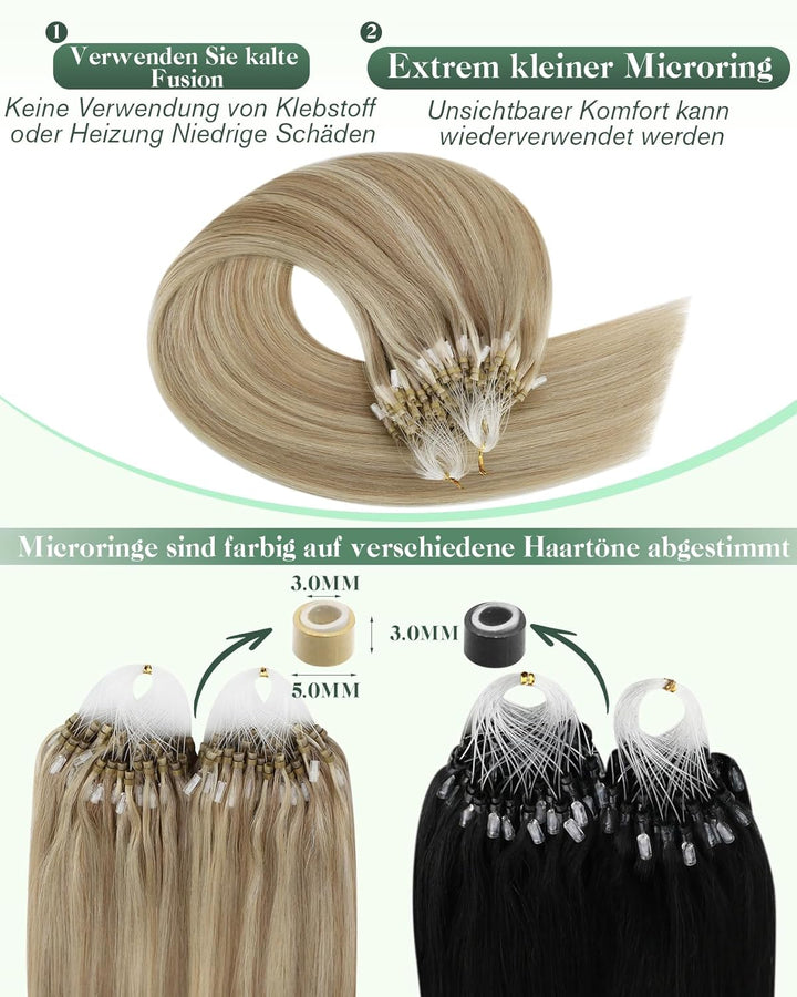 Ugeat Extensions Echthaar Microring 40 cm Blond Microring Extensions Echthaar Glatt Goldblond Micro