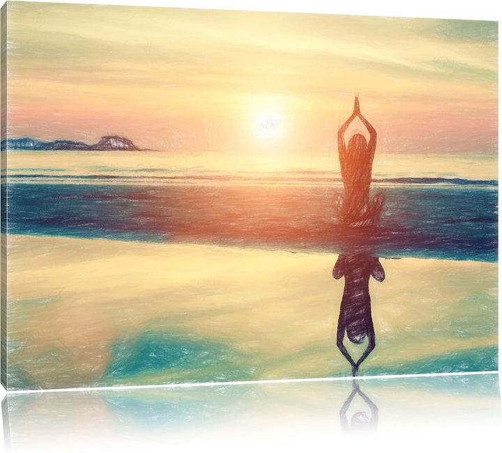 Pixxprint Frau in Einer Yogapose am Strand Kunst Buntstift Effekt, Format: 100x70 auf Leinwand, XXL