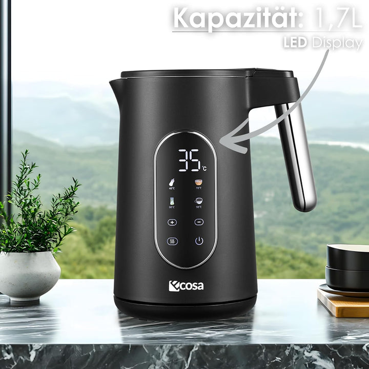 Wasserkocher Edelstahl mit Temperatureinstellung (40°C-100°C) 1,7 Liter 2200 Watt Teekocher 100% BPA