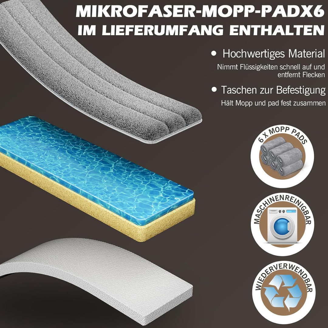 MASTERTOP Wischmopp Set mit Eimer, 138cm Flachmopp mit Edelstahlgriff und 6 Mikrofaser Moppkopf, Han