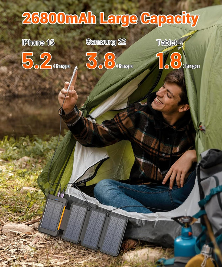 Solar Powerbank 26800 mAh, Powerbank USB-C 18W Schnellladung für iPhone Samsung und mehr, IPX7 wasse