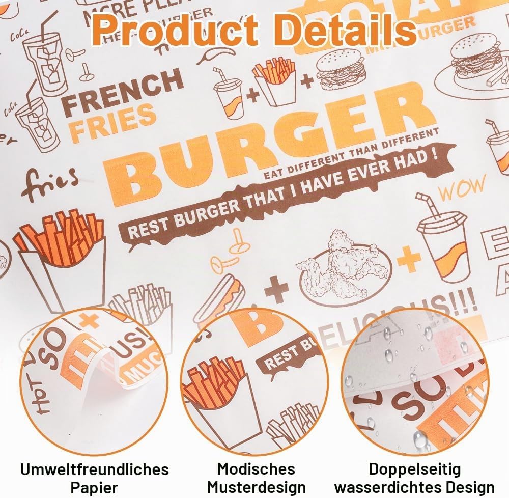 100 Blatt Burgerpapier Fettdicht, 36 x 26 cm Käsepapier, Wasserdicht und öl Wachspapier, Butterbrotp