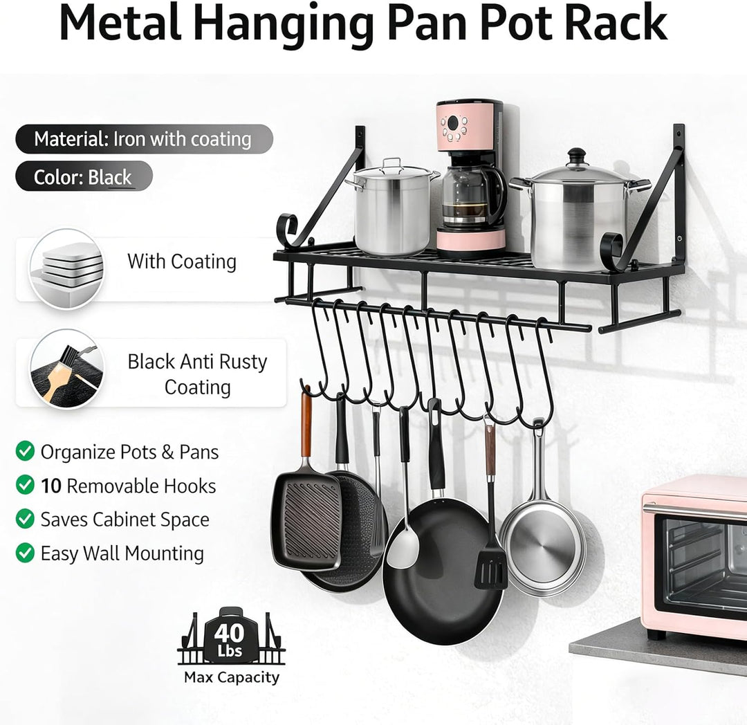 Wandmontaged Pot Rack Lagerregal, Topfstangen für Küchenpfanne Organizer mit 10 Haken und Accessoire