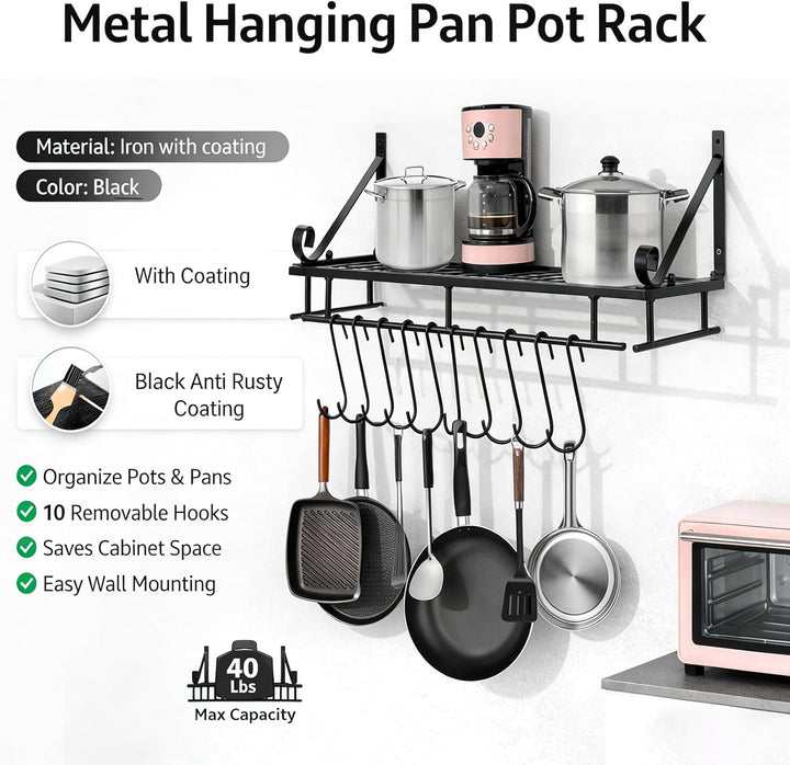 Wandmontaged Pot Rack Lagerregal, Topfstangen für Küchenpfanne Organizer mit 10 Haken und Accessoire