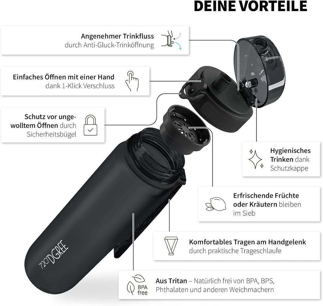 720°DGREE Trinkflasche 1l Sport “uberBottle“ softTouch +Sieb - BPA-Frei - Wasserflasche für Uni, Arb