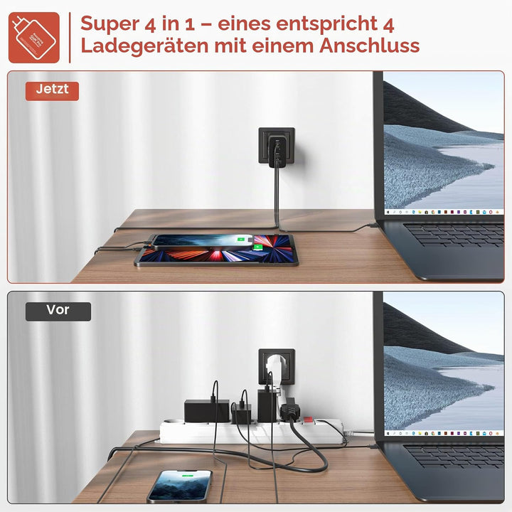 Rosaking USB C Ladegerät 200W, GaN III Tech Schnellladegerät, 4 Häfen USB C Schnellladegerät für Mac