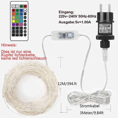 120er Bunt LED Lichterkette Innen Strombetrieben, 12M 16 Farben 132 Modi Lichterkette Aussen Strom D