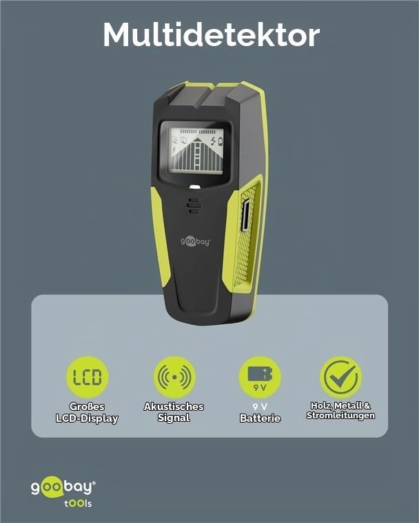 goobay Multidetektor für Holz, Metall &amp; Stromleitungen 3-in-1 Leitungssucher mit LCD-Display, Audio-