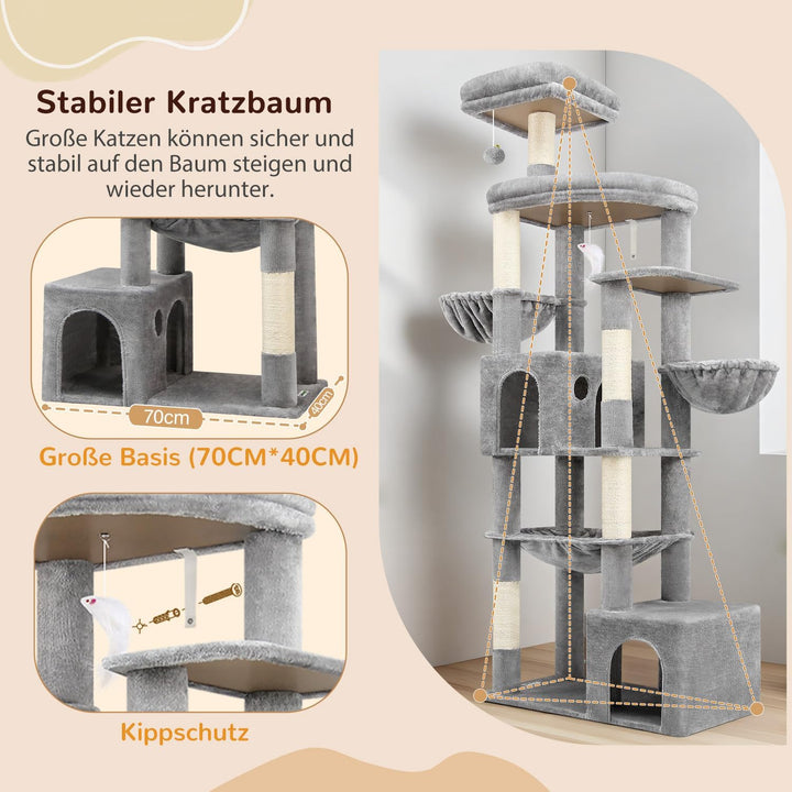 Globlazer Kratzbaum XXL 193 cm Hoch mit 2 Grosse Katzenhaus, Hängematte 50 * 40CM, Gross Plattform G