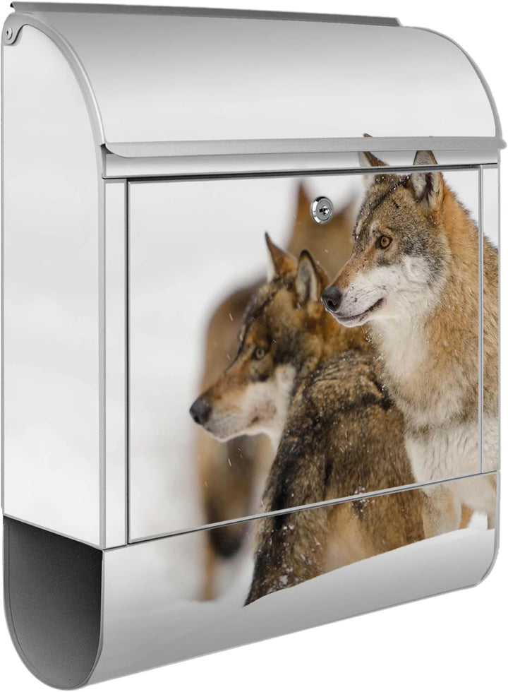 banjado® Design Briefkasten mit Motiv Wölfe 39x47x14cm &amp; 2 Schlüssel - Briefkasten Stahl Silber mit