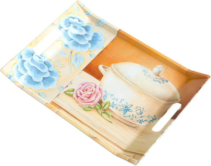 Lashuma Küchentablett gross mit Griffen, Dekotablett 38x27 cm, Tablett blau weiss Design: Kochtopf 3