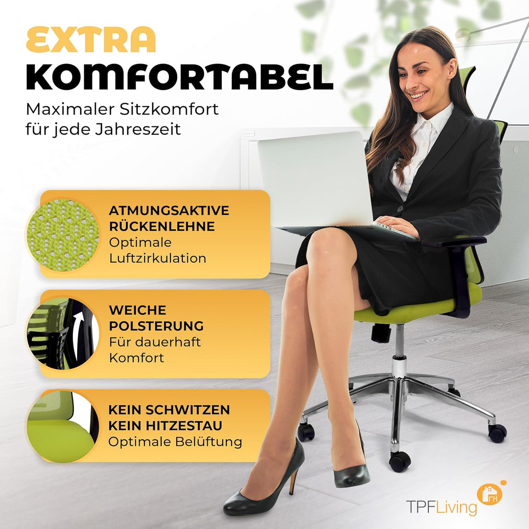 Bürostuhl Zeus (Grün) – Bürostuhl ergonomisch und komfortabel inkl. Verstellbarer Lordosenstütze & k