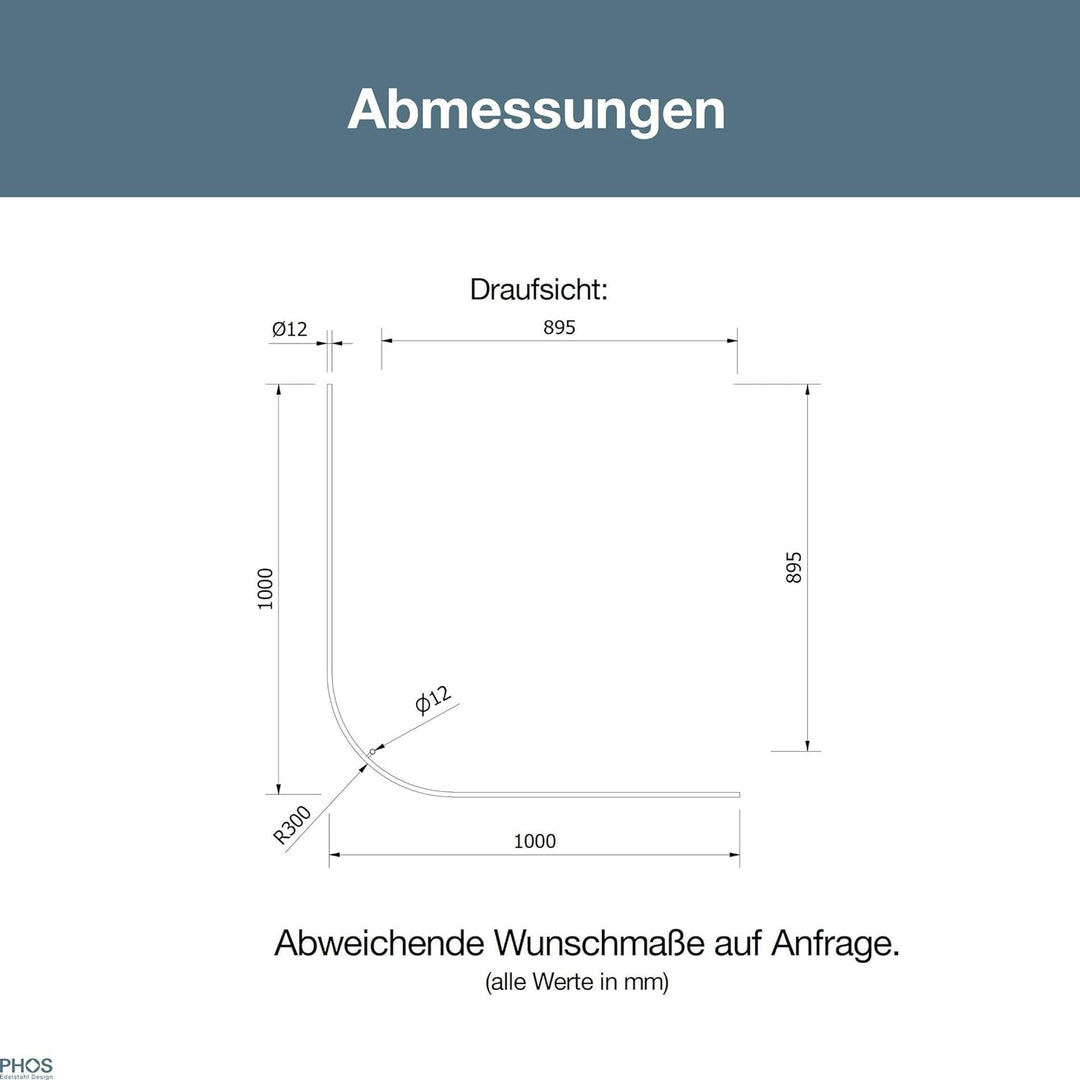 PHOS Design, DSB300-1000 Viertelkreis Duschvorhangstange 100 x 100 cm, Bogenradius 30 cm, Edelstahl