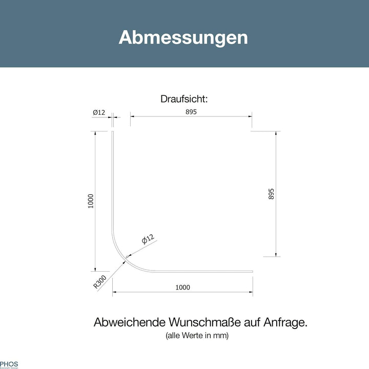 PHOS Design, DSB300-1000 Viertelkreis Duschvorhangstange 100 x 100 cm, Bogenradius 30 cm, Edelstahl