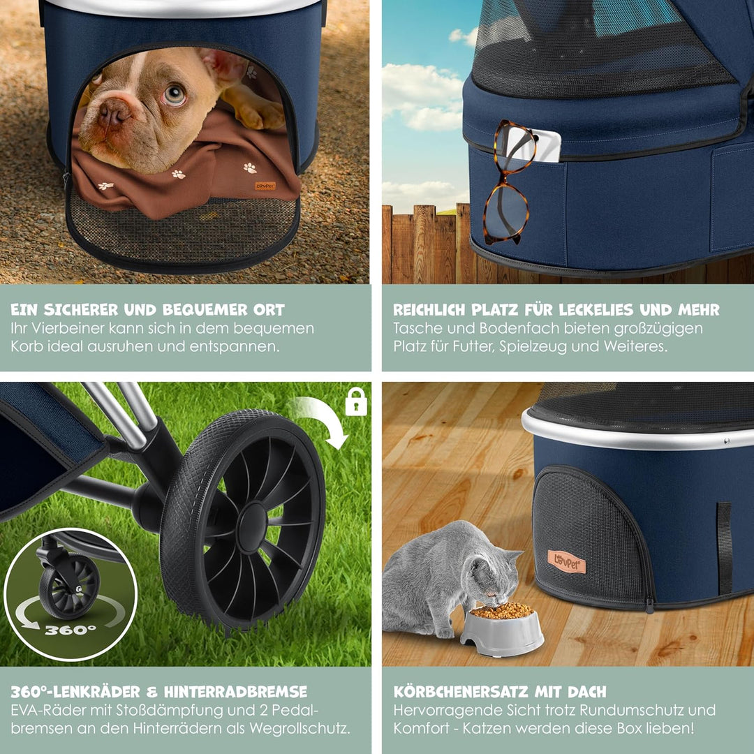LOVPET® Hundewagen 3in1 Hundebuggy Hundebox Transporttasche 360° Grosse Räder Faltbar klappbar Haust