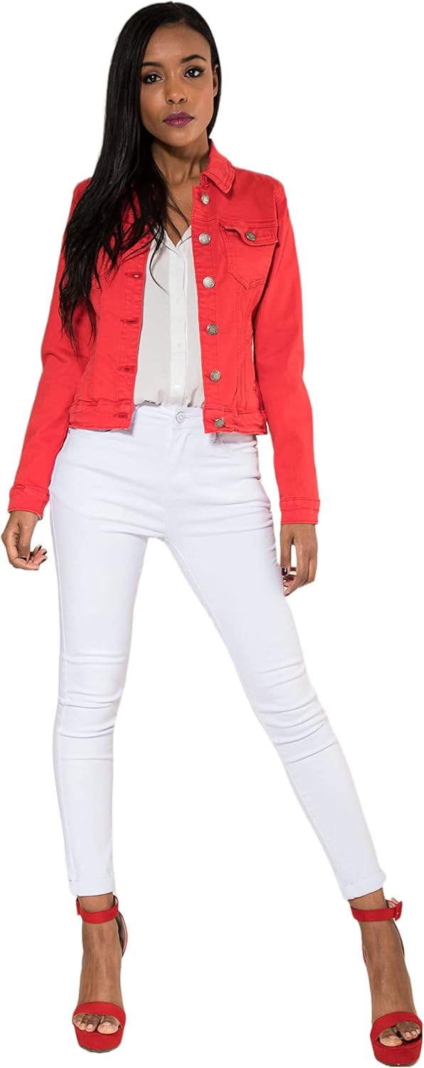 Nina Carter J212 Damen Slim-Fit Jeansjacke – Farbige Übergangsjacke mit Kent-Kragen und Taschen – Fr