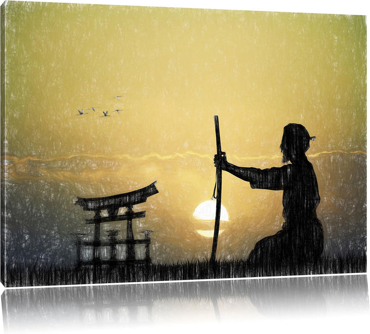 Pixxprint Alter Samurai-Meister vor Horizont Kunst Buntstift Effekt, Format: 100x70 auf Leinwand, 10