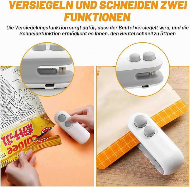 2 Stück Mini Folienschweissgerät: Wiederaufladbar 2 in 1 Snacks Beutelverschliesser, Mini Bag Sealer