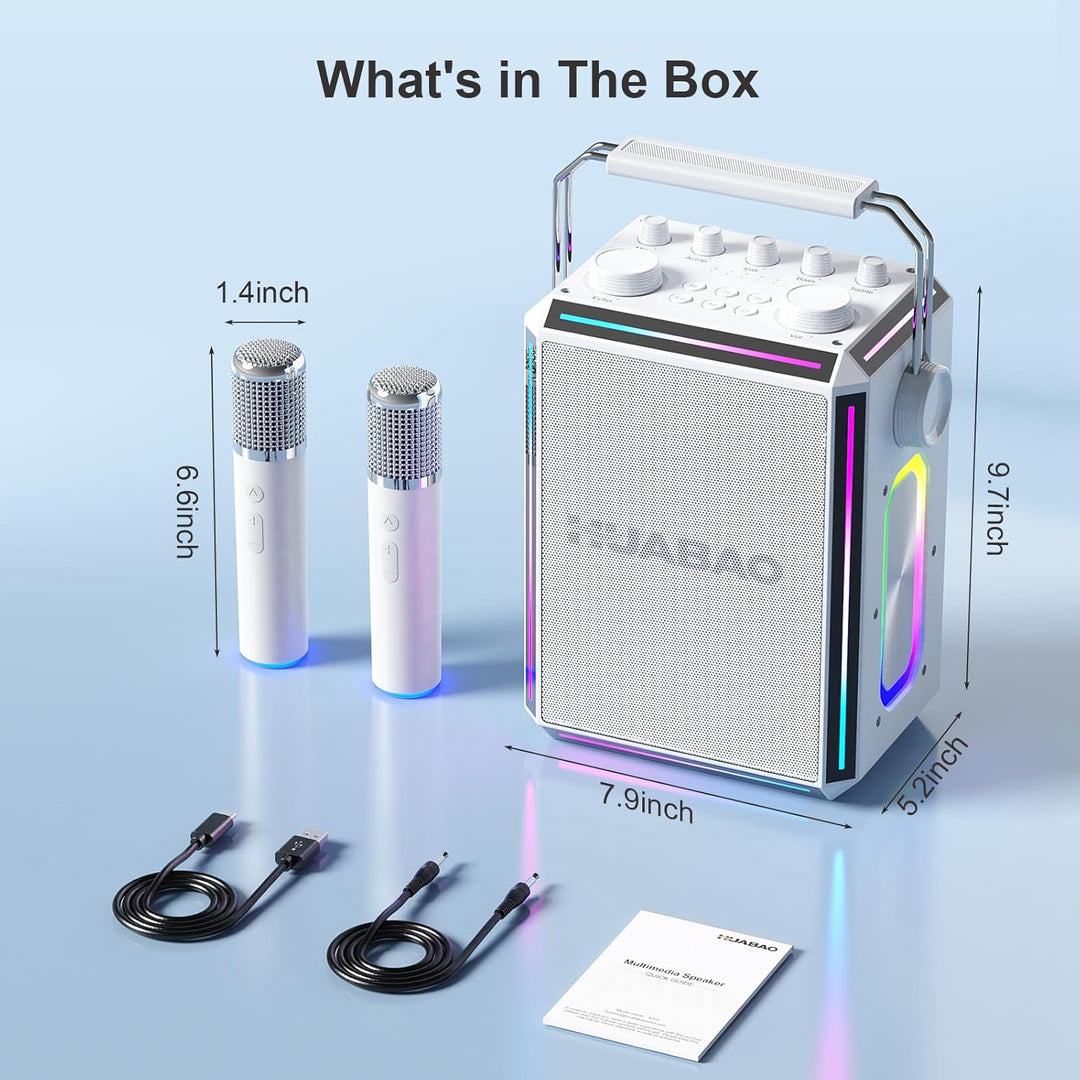 Tragbarer Bluetooth-Karaoke-Lautsprecher mit 2 kabellosen Mikrofonen, RGB-Beleuchtung, Höhen- und Ba