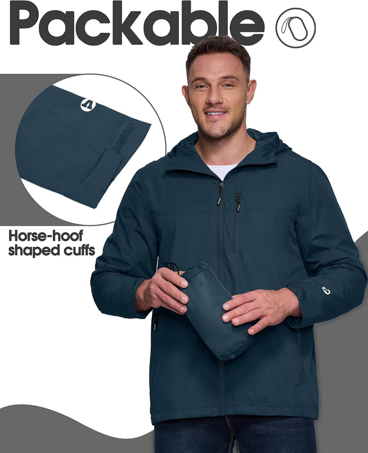 Regenjacke Herren Wasserdicht Atmungsaktiv, Packbar Fahrrad Jacke Leichte Windbreaker zum Freizeit W
