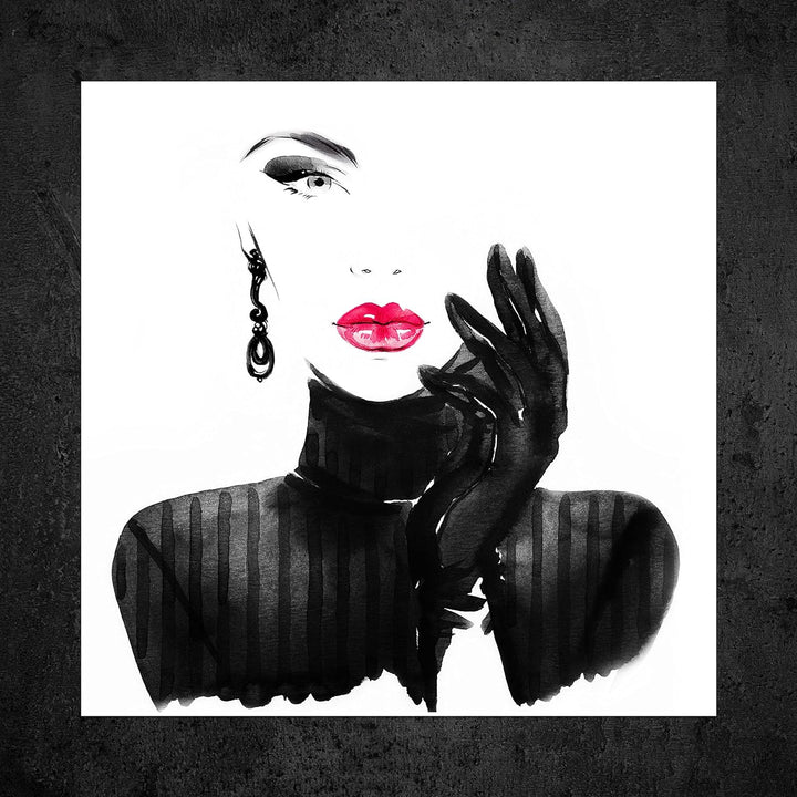 wandmotiv24 Poster als Wanddeko, Grösse 50x50cm, Model Gemälde, Rot, Fashion, Frau, Frauen Lippen, M