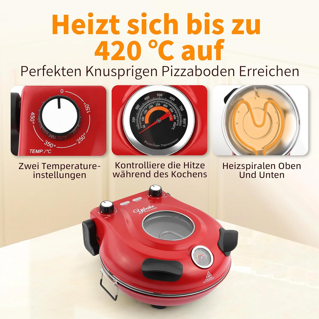 YIBAKE Pizzaofen Elektrisch, 1200W Pizzaofen in 4-Min-Pizza, 31cm Feuerfeste Pizzastein, 420℃ Pizzab