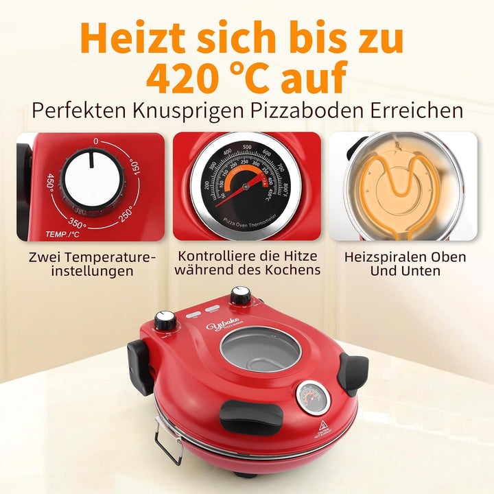 YIBAKE Pizzaofen Elektrisch, 1200W Pizzaofen in 4-Min-Pizza, 31cm Feuerfeste Pizzastein, 420℃ Pizzab