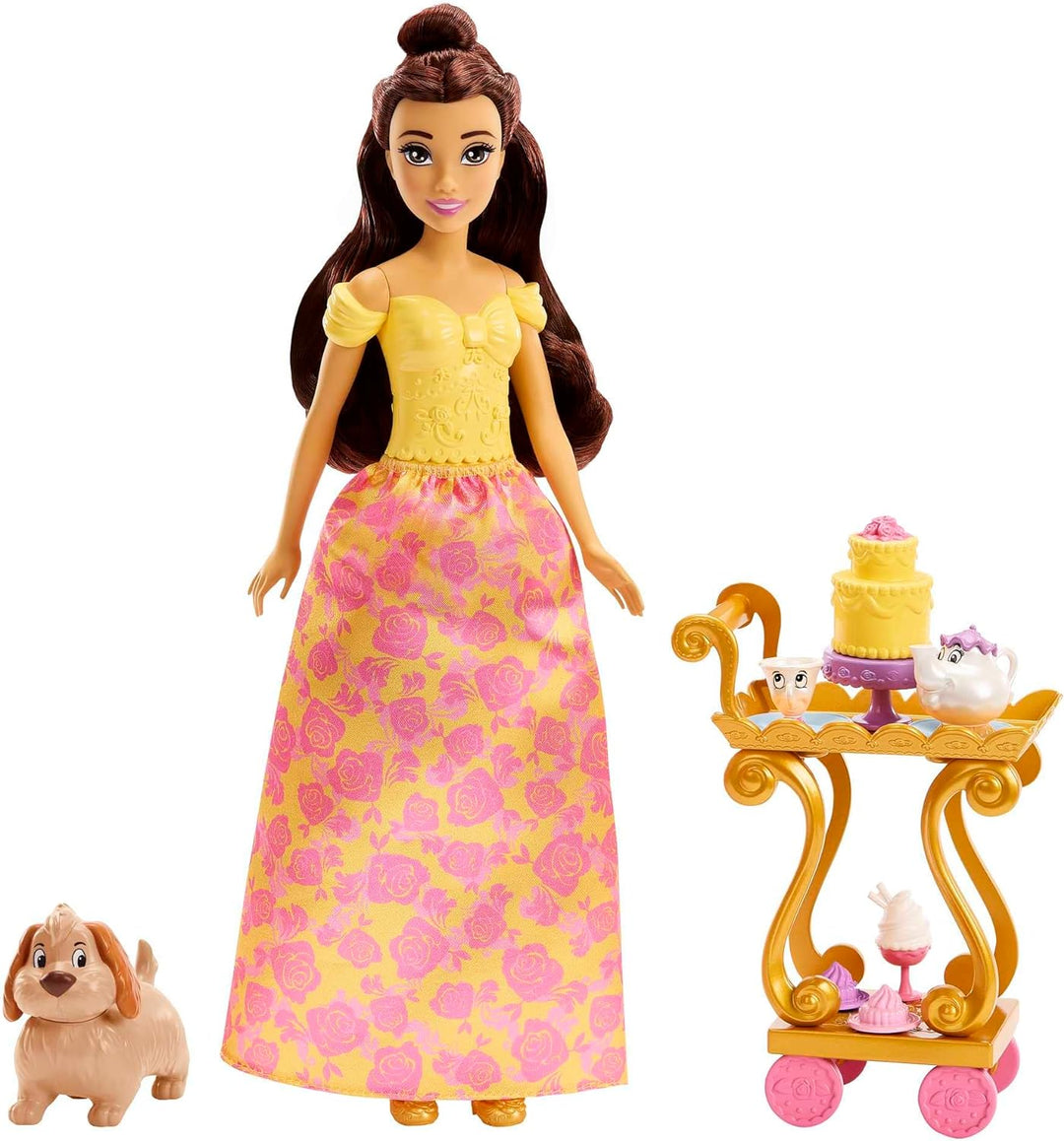 Disney Princess Spielzeug, Belle-Puppe mit schimmernder Kleidung, Teewagen, Freunden und Speisen, Te