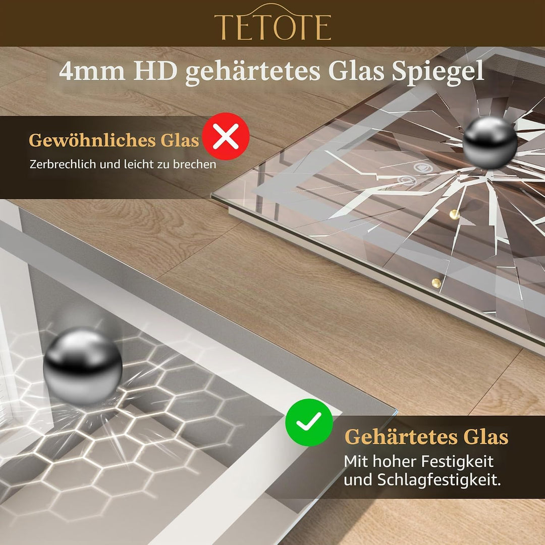 TETOTE Badspiegel mit Beleuchtung 70x90cm, Badezimmerspiegel Beleuchtet Beschlagfrei Badezimmer Wand