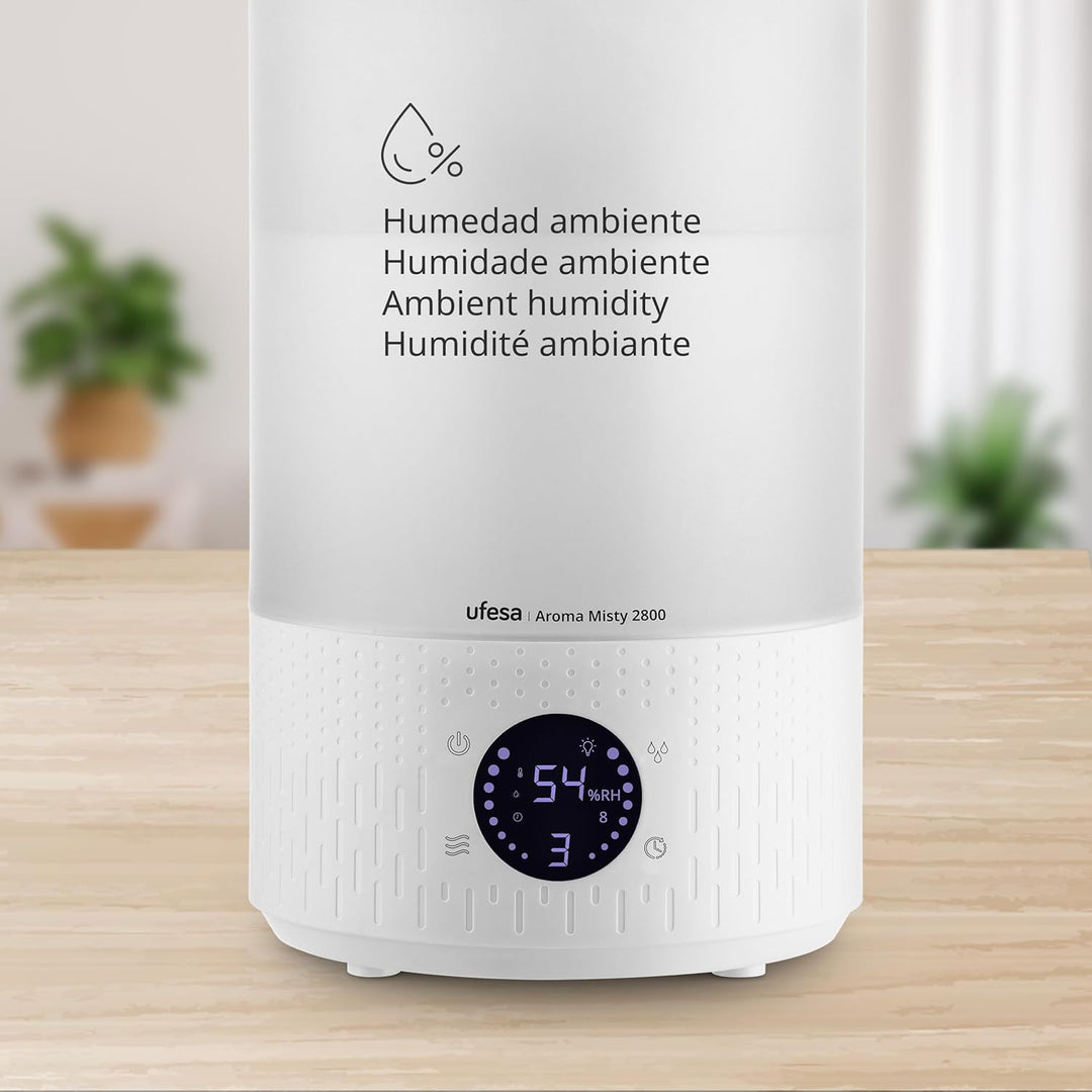 Ufesa Aroma Misty 2800 Luftbefeuchter 200ml/h, Ultra Silent, Aromatische Öle, 35m2, Digital, Timer,