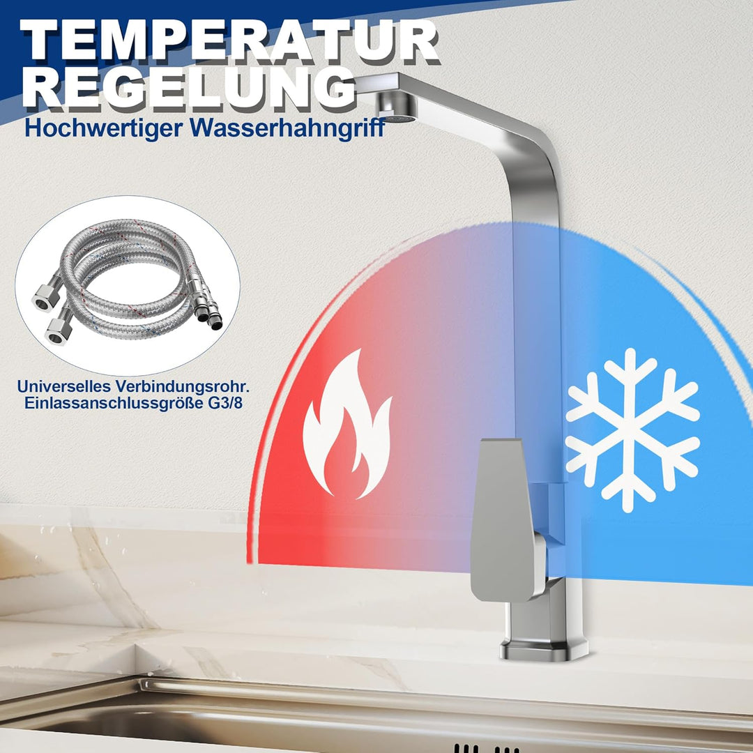 FIVMEN Wasserhahn Küche Silber Küchenarmatur mit Hohem Auslauf Spülenarmatur Mischbatterie Küche 360