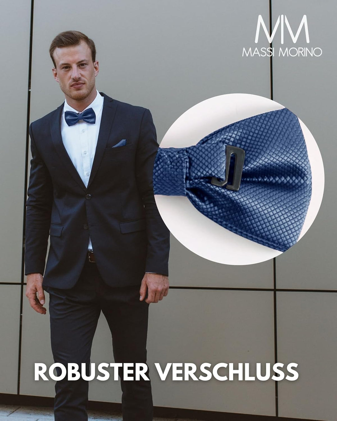 Massi Morino Fliege mit Einstecktuch für Herren Set - Anzug Herrenfliege zur Hochzeit - Verstellbare