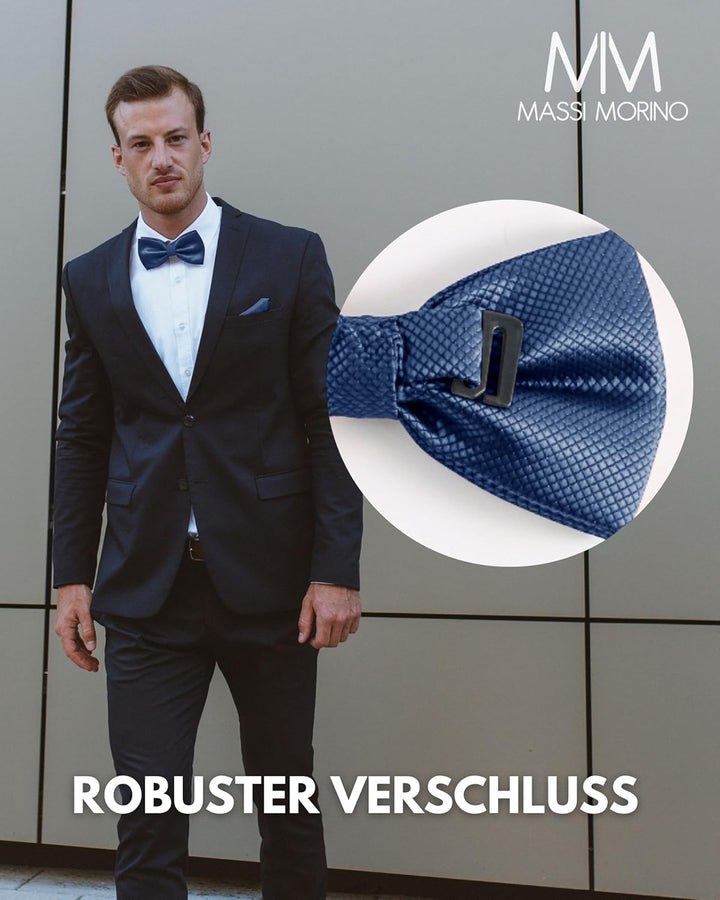 Massi Morino Fliege mit Einstecktuch für Herren Set - Anzug Herrenfliege zur Hochzeit - Verstellbare