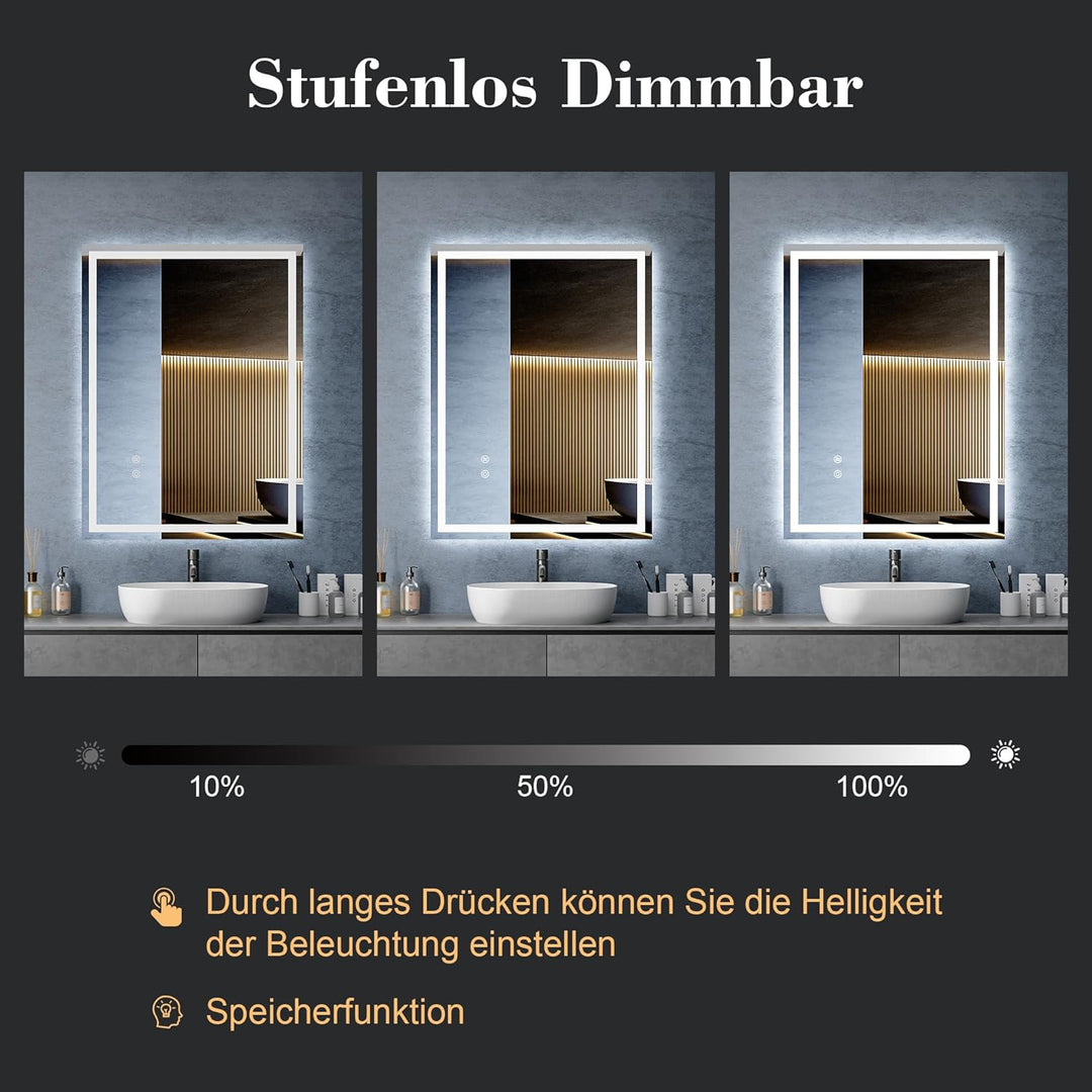 Badspiegel mit Beleuchtung, Badezimmerspiegel 80 x 60 cm, LED Spiegel Bad, mit 3 Lichtfarben, Dimmba